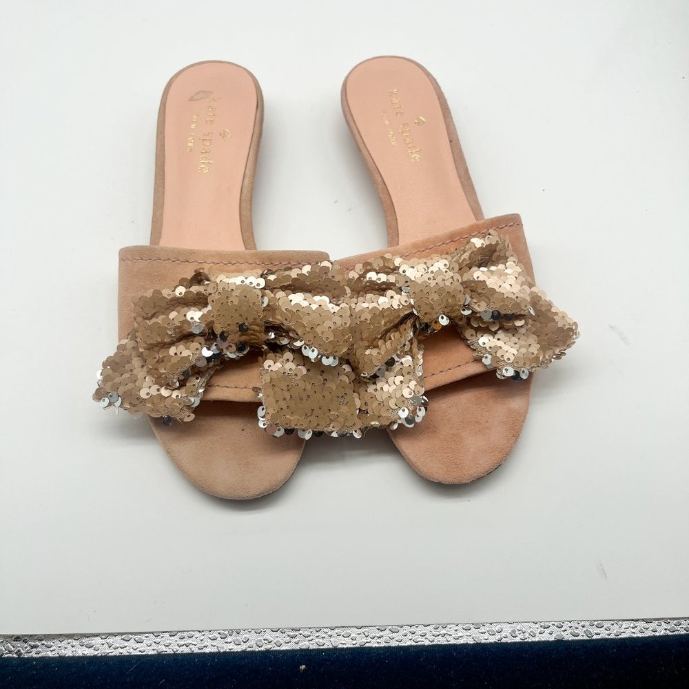 Kate Spade Blush Pink Sequin Bow Slide Sandals Sz 6 - Picture 3 of 6